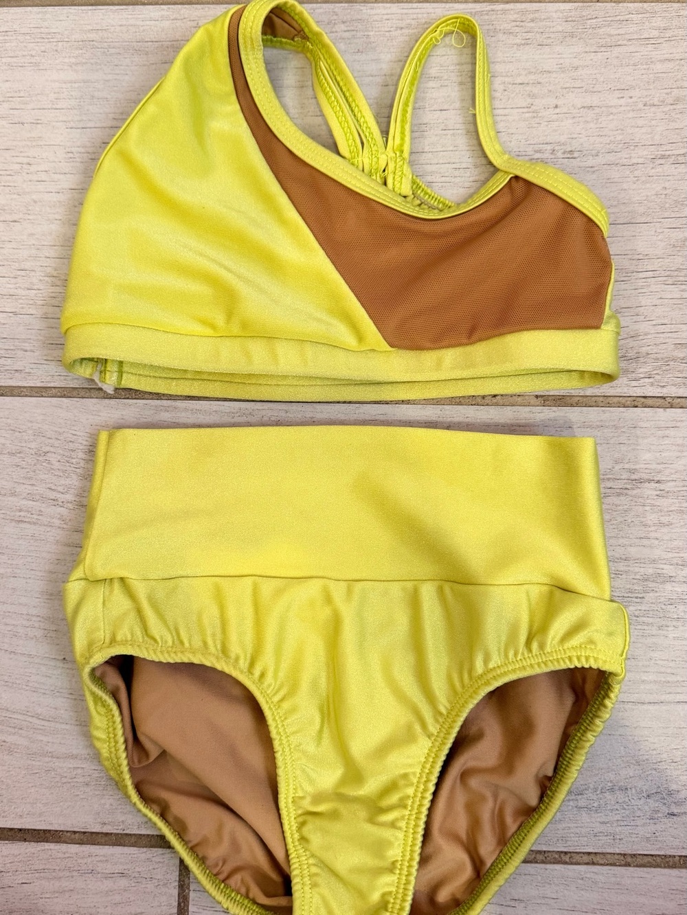 Kids Yellow Two-Piece Dance Set with Brown Accent.